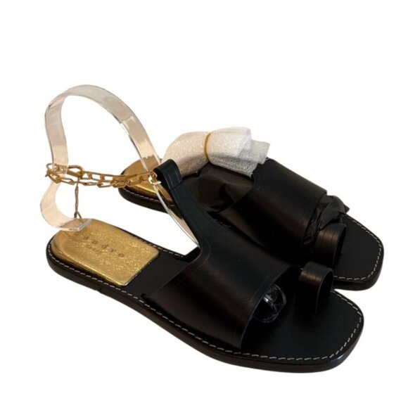 Sandro Noir Parma Flat Sandals Chain Ankle Black Leather Open Toe Size 5.5 INB - Picture 2 of 9